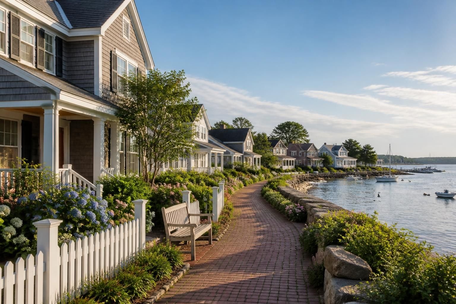 Charming waterfront neighborhood with calm harbor views.
