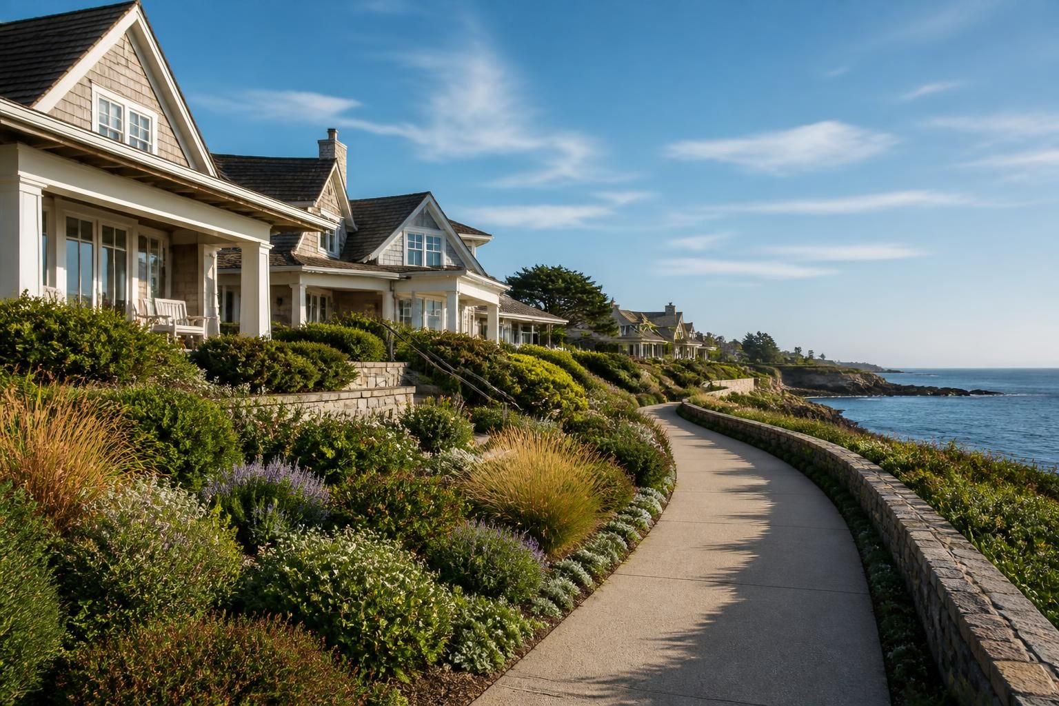 Upscale coastal homes on a bright beach peninsula.