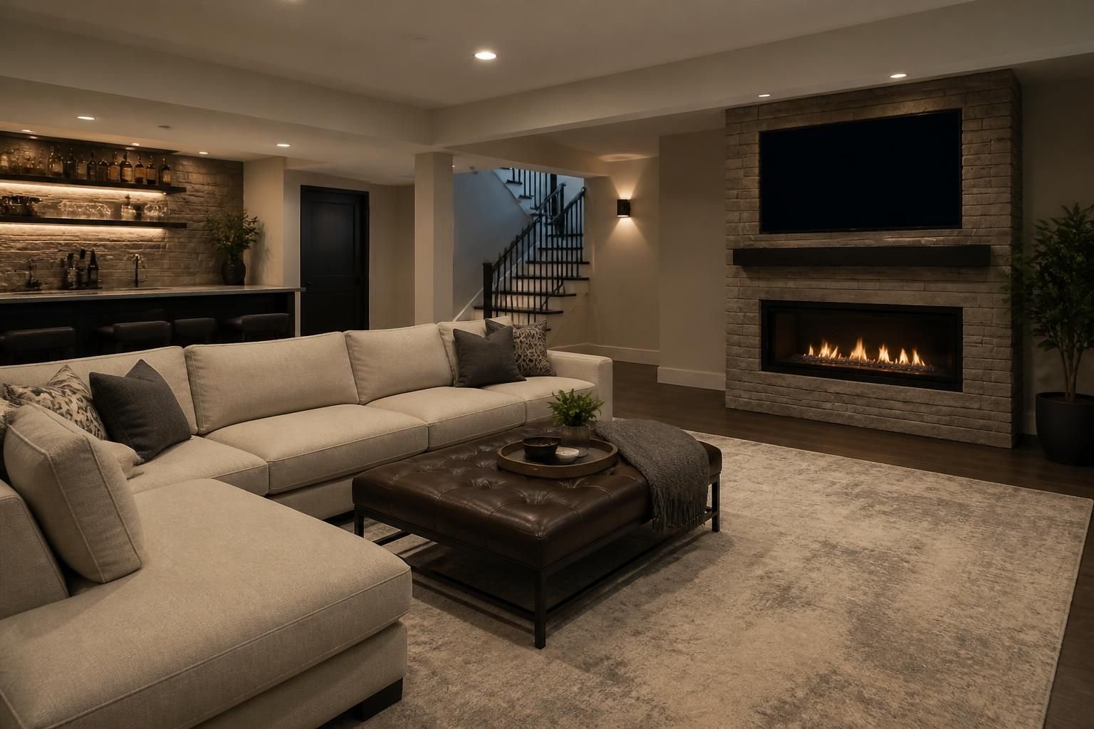Finished basement with a cozy living area and upscale materials.