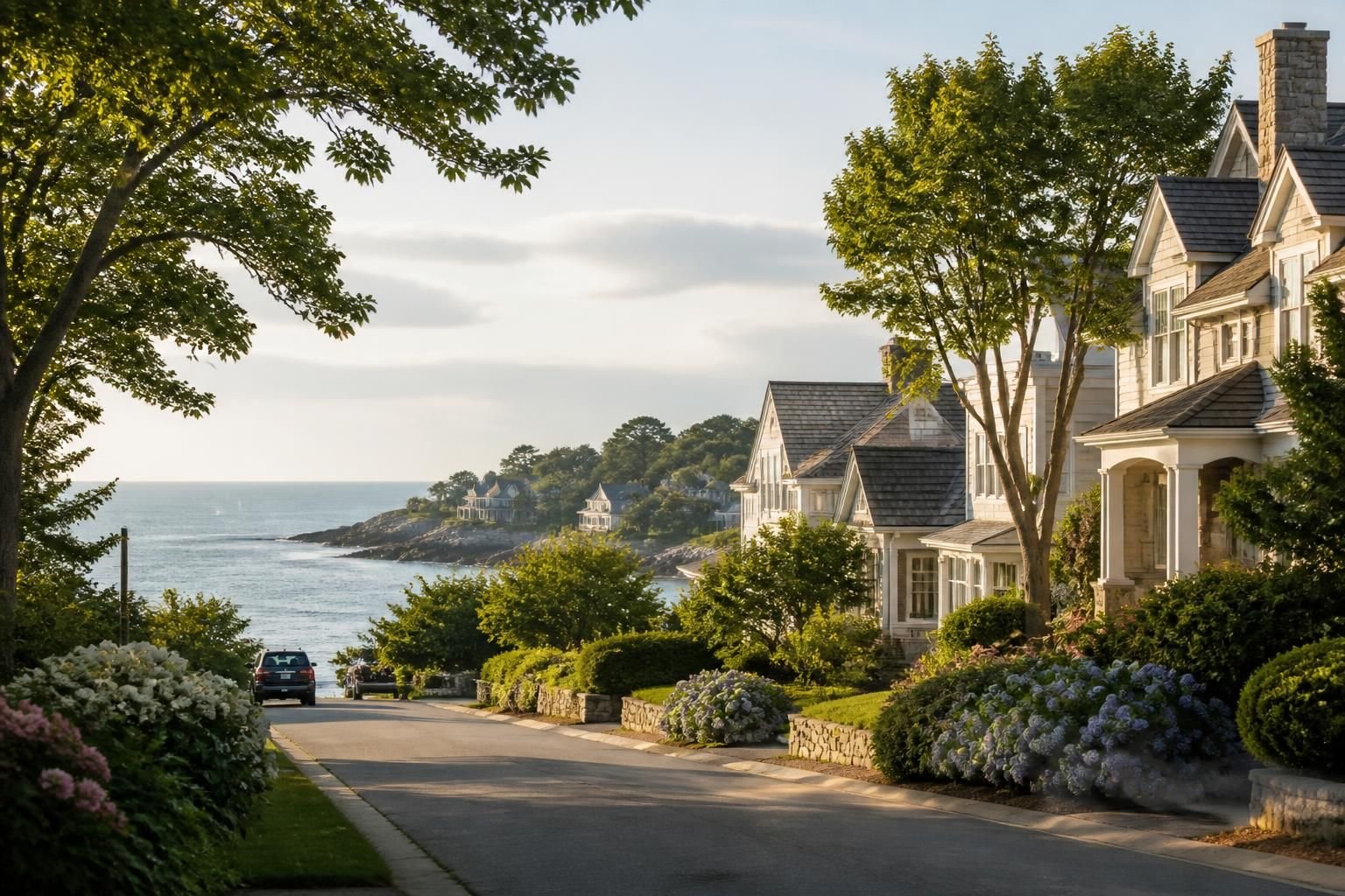 Refined seaside neighborhood with tree-lined streets.