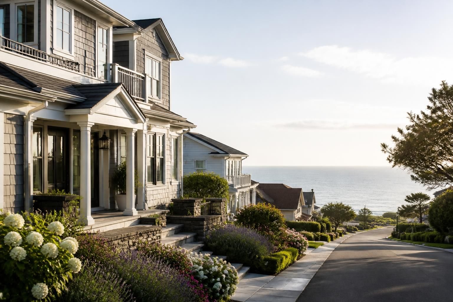 Upscale coastal neighborhood with ocean-adjacent homes.