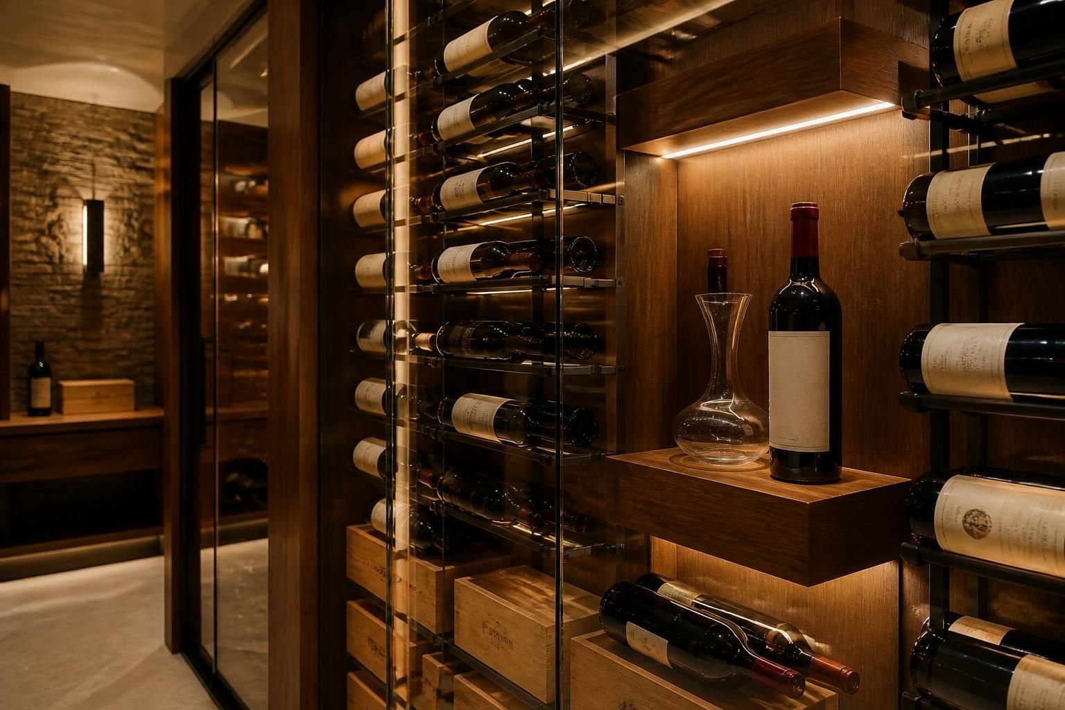 Custom wine cellar with wood shelving and warm lighting.