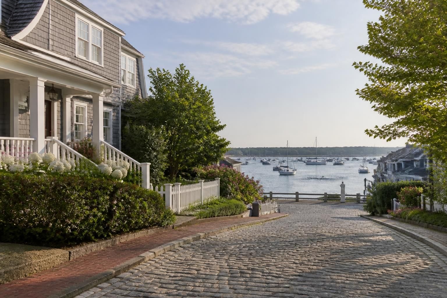 Refined harbor-front neighborhood with boats in the distance.