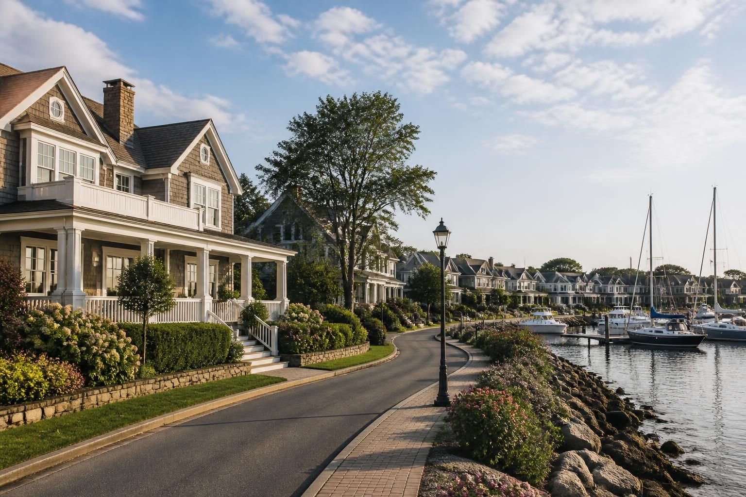 Elegant waterfront neighborhood near a quiet marina.