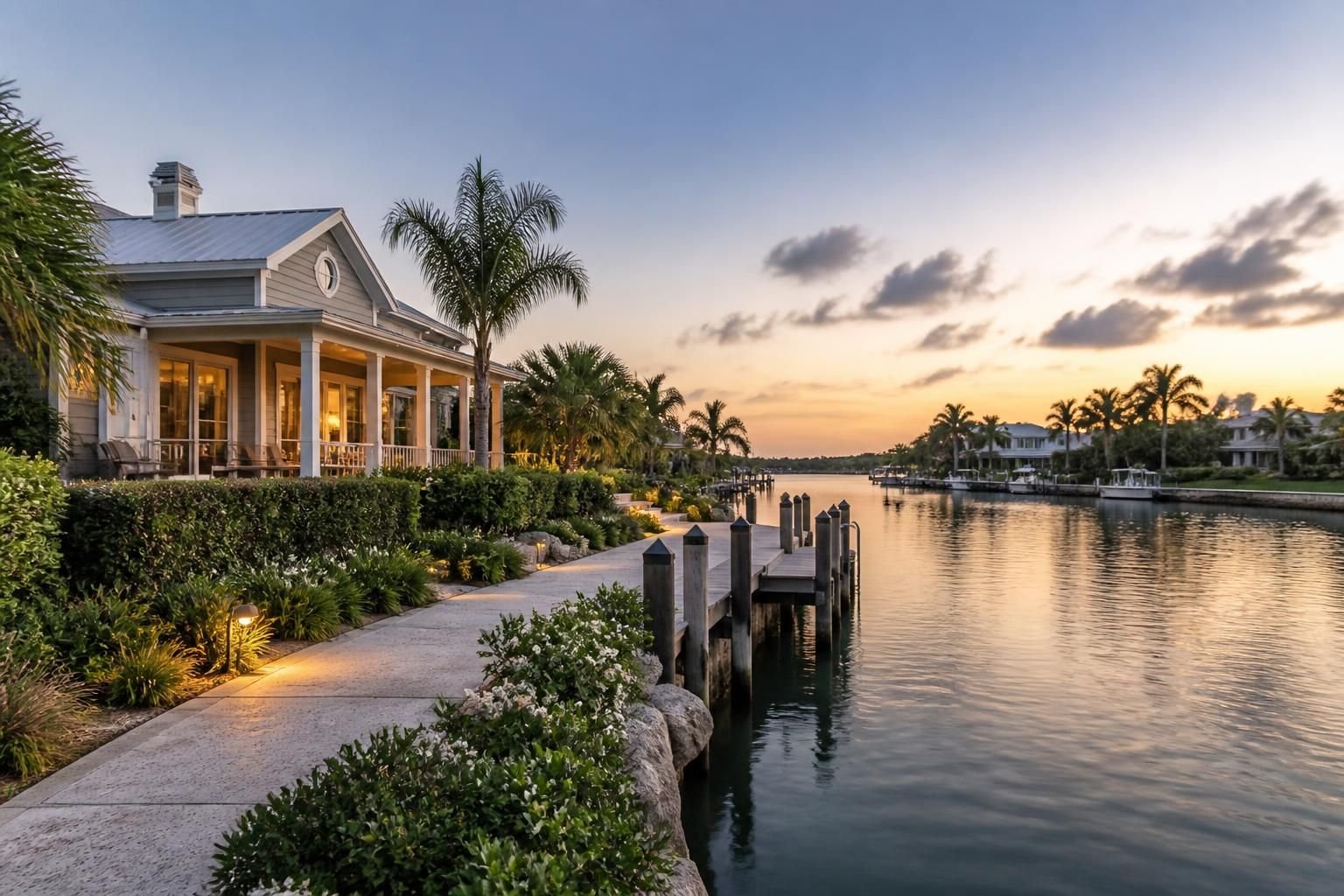 Waterfront homes with tranquil channels and coastal landscaping.