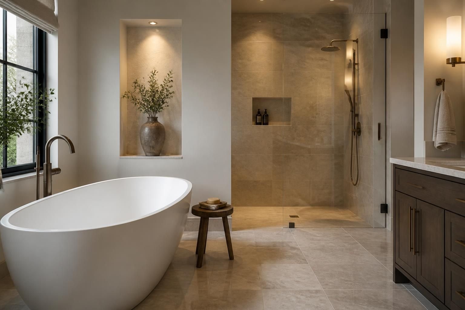 Finished luxury bathroom with a freestanding tub and walk-in shower.