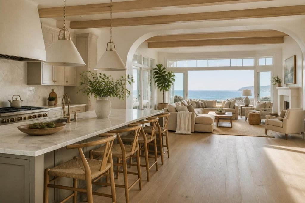 Wide luxury coastal home interior with an open kitchen and living space.