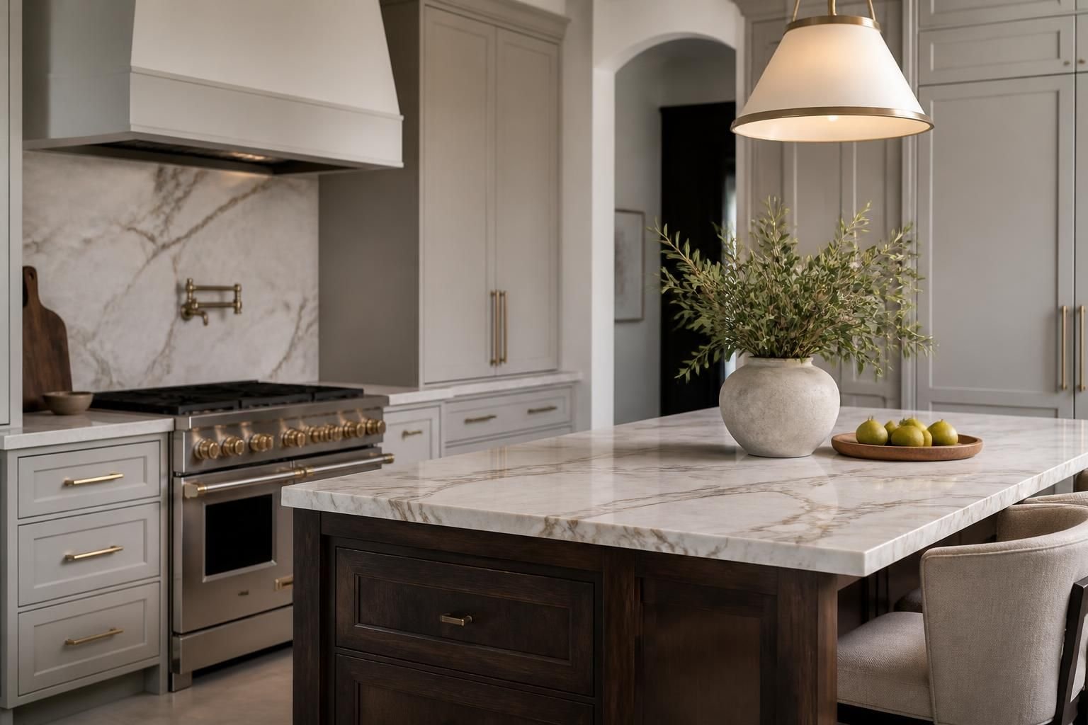 Finished luxury kitchen with custom cabinetry and a large island.