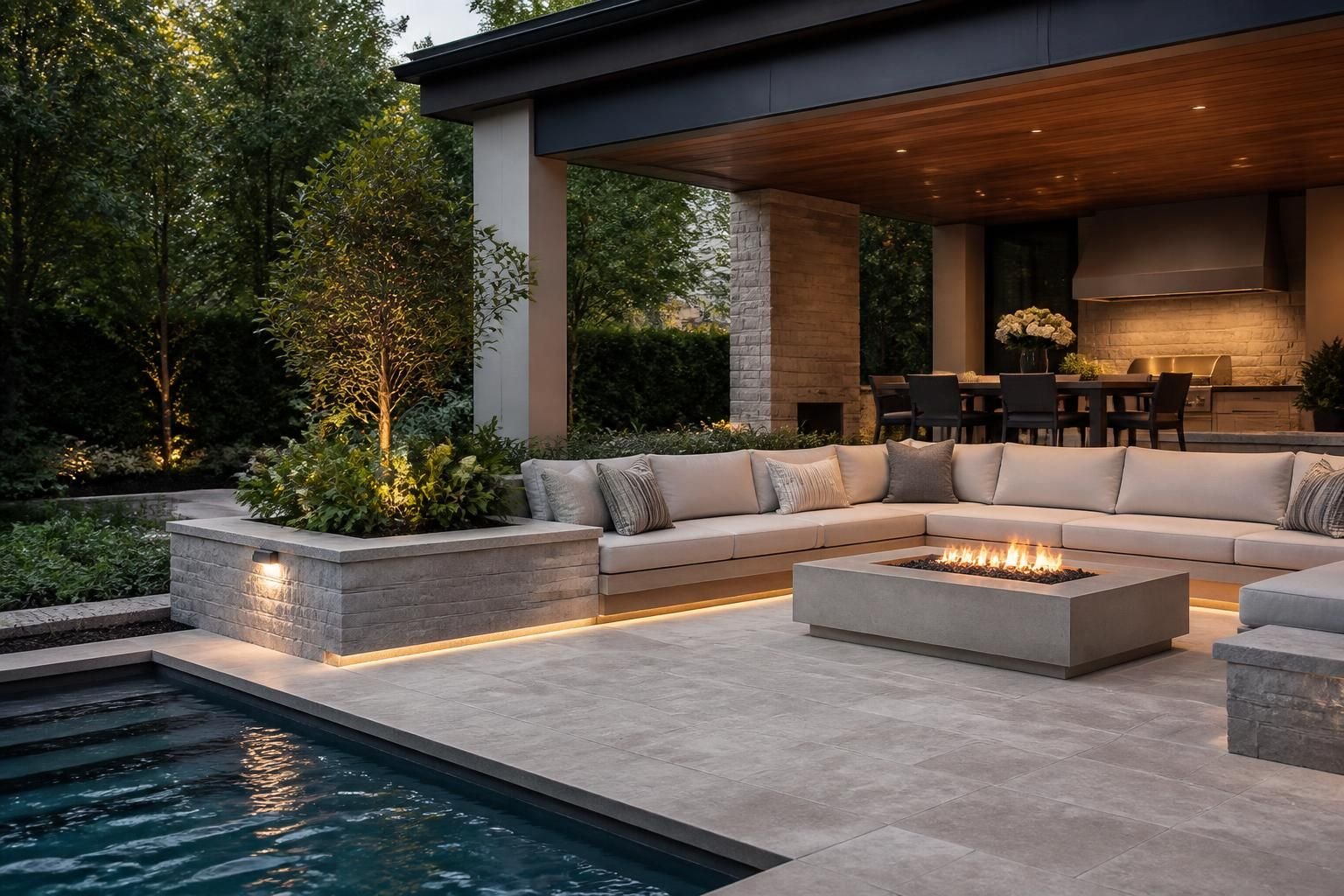 Finished luxury outdoor living space with patio and seating.