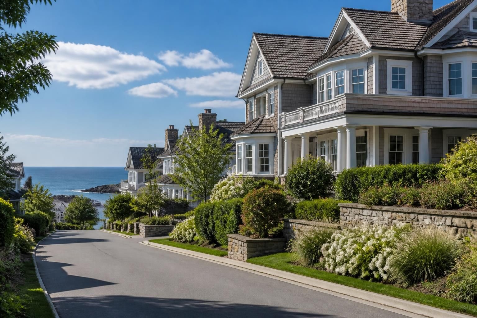 Coastal luxury neighborhood with elegant homes and landscaping.