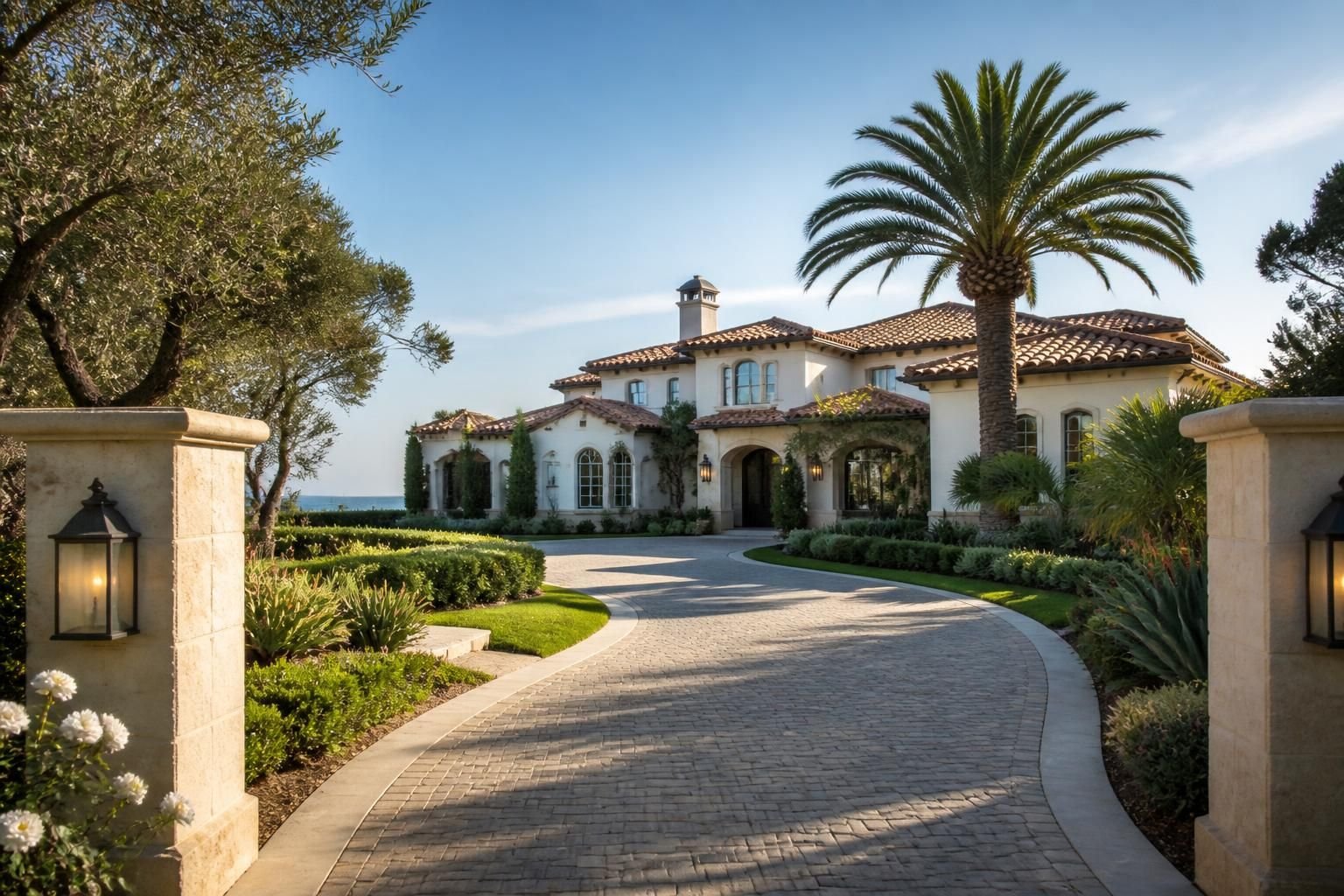 Grand luxury residences with elegant driveways and landscaping.