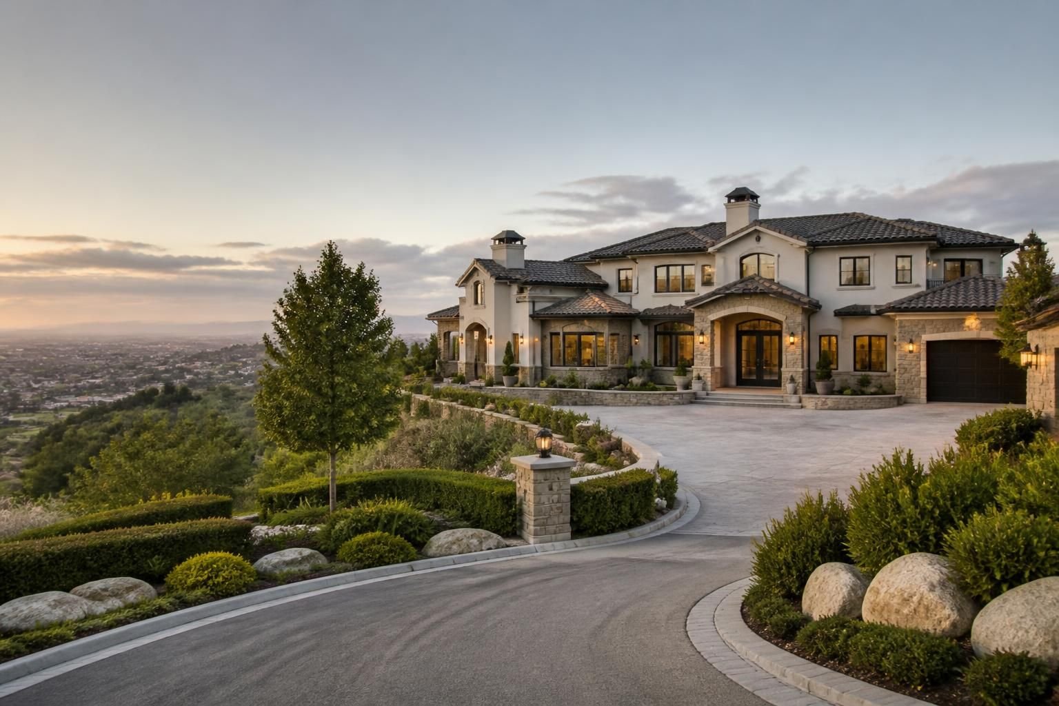 Luxury hillside neighborhood with expansive homes and views.