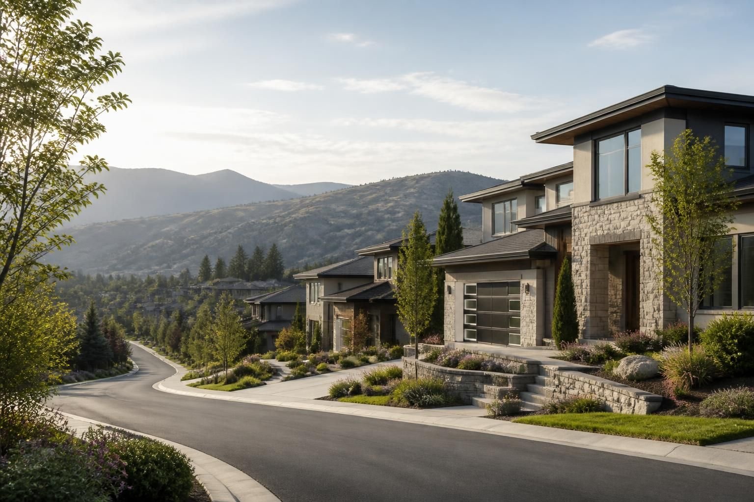 Upscale neighborhood with modern custom homes on a hillside.